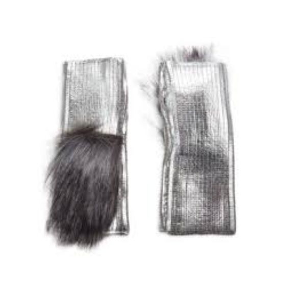 NWT Adrienne Landau Silver Metallic Fingerless Gloves Faux Fur Trim | Cozy Glam - Picture 1 of 2